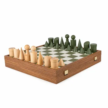 Bauhaus Green and Natural Chess Set - Wood and Faux Leather Chess Board & Wooden Pieces