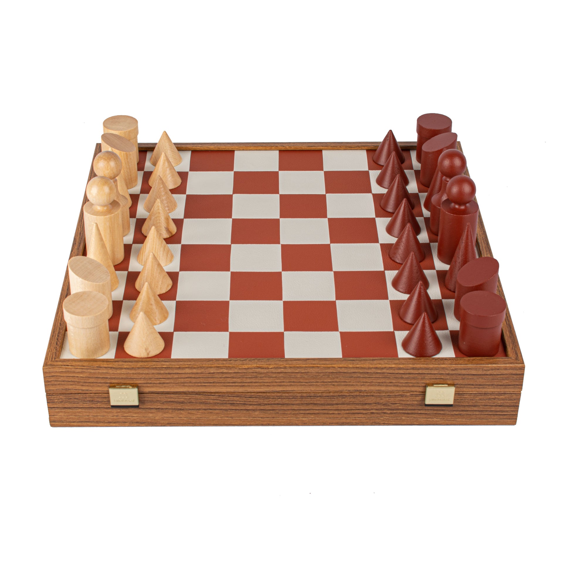 Bauhaus-Style Wooden Chess Set with Faux Leather Board - Terracotta & White - 40 x 40 cm - Image 5