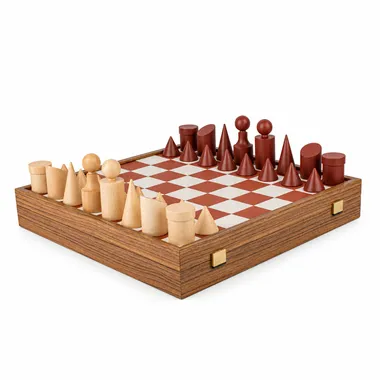 Bauhaus Terracotta and Natural Chess Set - Wood and Faux Leather Chess Board & Wooden Pieces