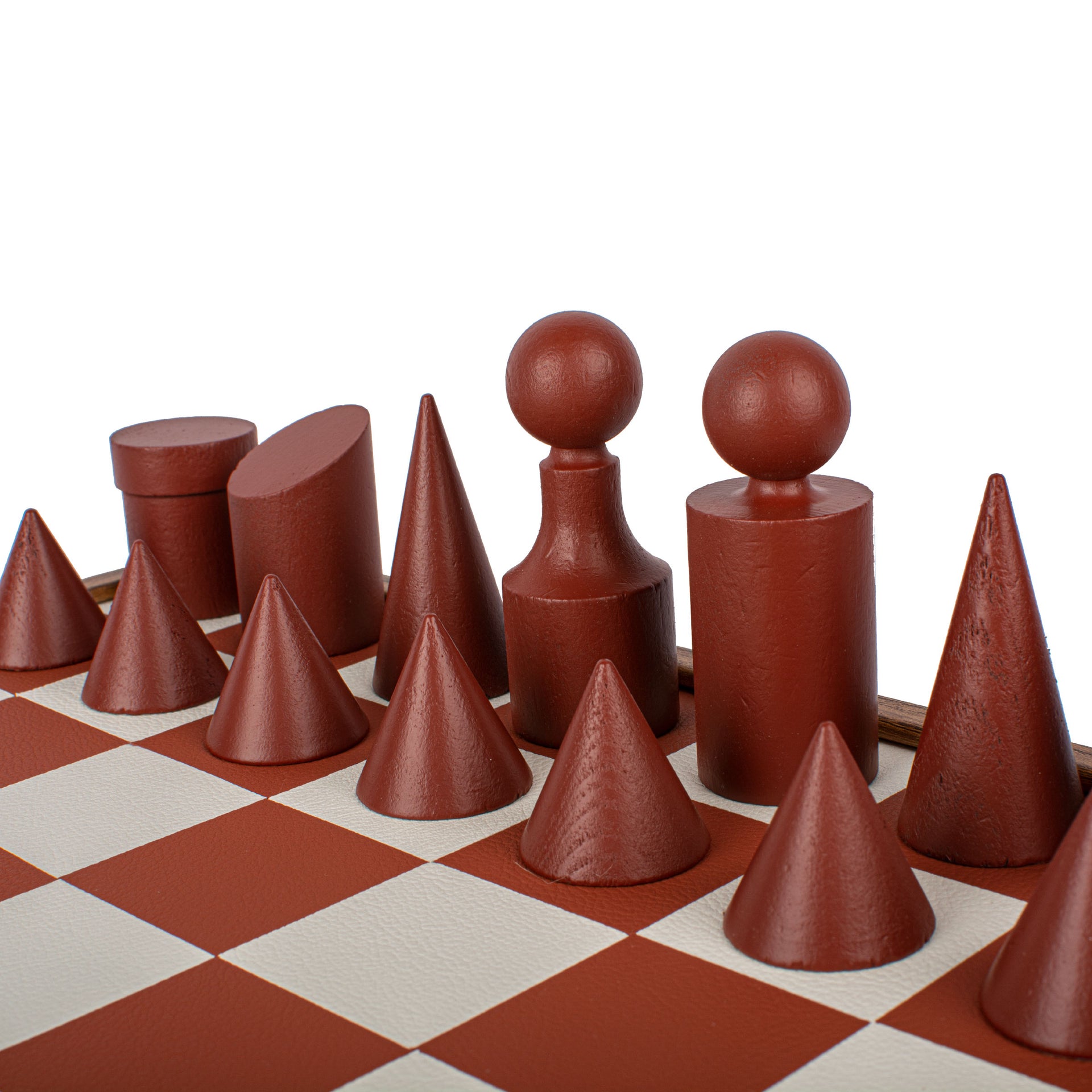 Bauhaus-Style Wooden Chess Set with Faux Leather Board - Terracotta & White - 40 x 40 cm - Image 3