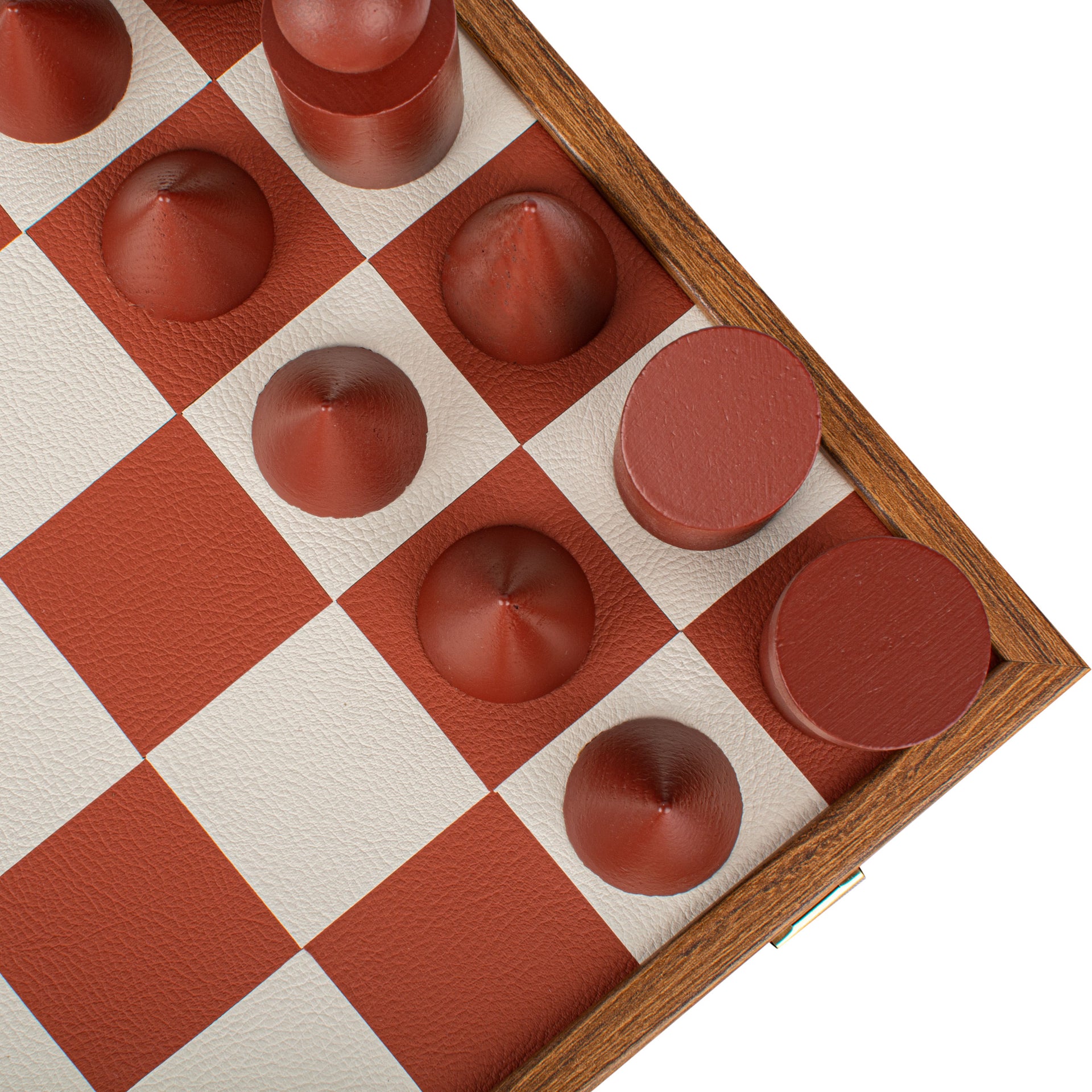 Bauhaus-Style Wooden Chess Set with Faux Leather Board - Terracotta & White - 40 x 40 cm - Image 6