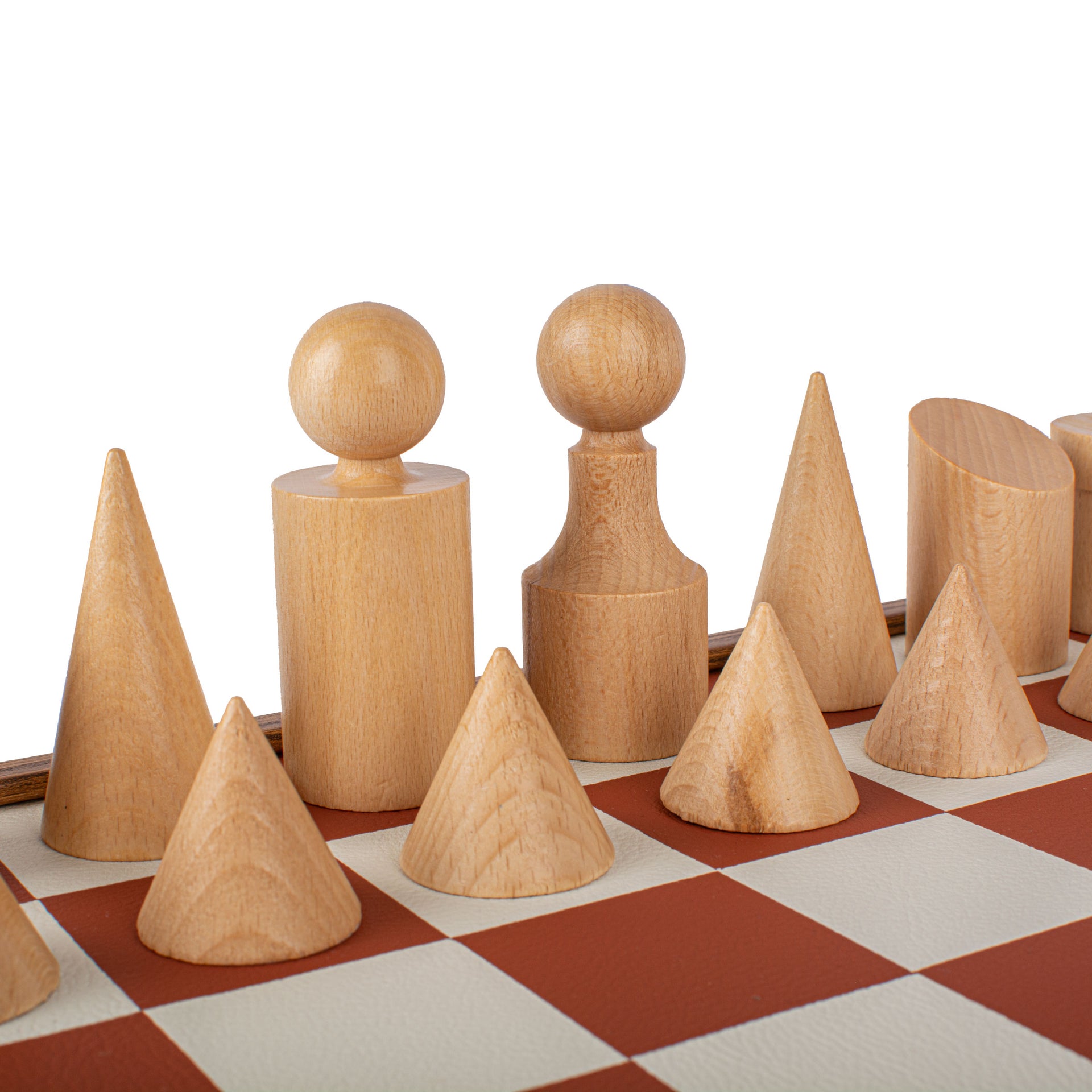Bauhaus-Style Wooden Chess Set with Faux Leather Board - Terracotta & White - 40 x 40 cm - Image 4