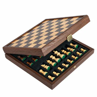 Open box showing the folding chessboard and pieces stored in foam