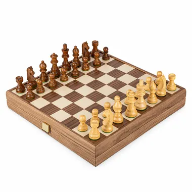 Complete Staunton chess set arranged on the walnut and oak chess board