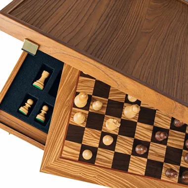 Open storage box showing interior compartment and olive and oak chess board