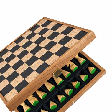 Wood and cork chess board open showing the integrated storage box