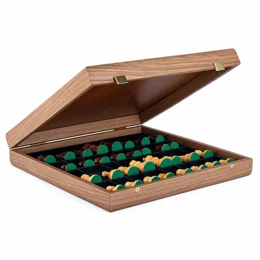 Open walnut storage box with chess pieces resting on green felt