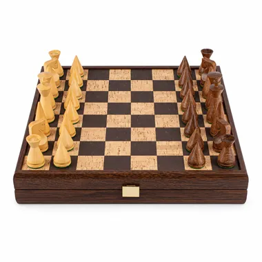 Complete chess set with brown and natural cork board, closed box