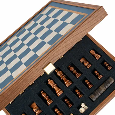 Open box showing the folded chess board and pieces stored in foam padding