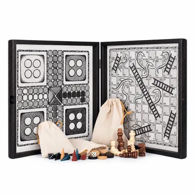 Open 4-in-1 set showing chess, backgammon, ludo and snakes with pieces and pouches