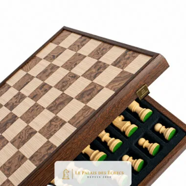 Open chessboard showing the built-in piece storage in foam padding