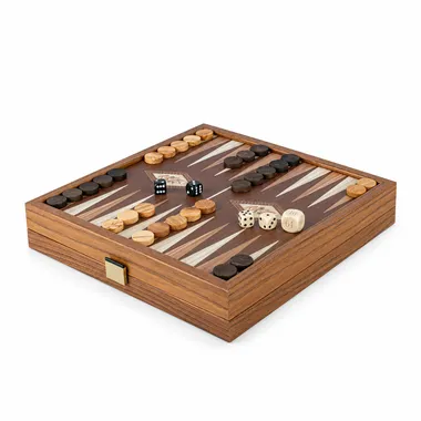 Closed 2-in-1 set shown as backgammon with wooden pieces and dice