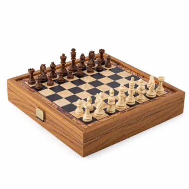 Open box revealing the wooden chess board with all pieces set up