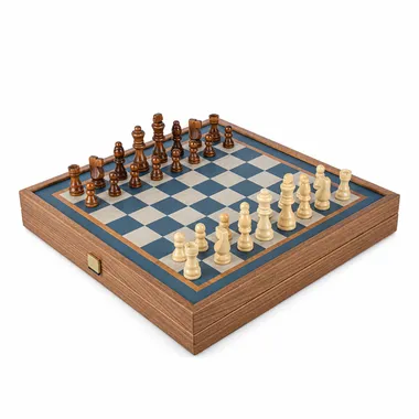 Turquoise 4-in-1 combo set open with chess board and wooden pieces in play