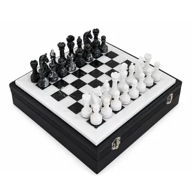 Small Chess Set in White and Black Marble 30 x 30 cm