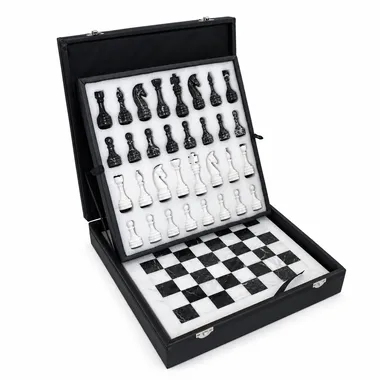 Open case in white and black marble with stored pieces and built-in chess board