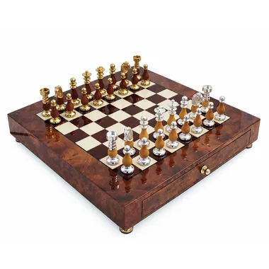 Luxury chess set in briar wood with drawer, gold and silver plated pieces