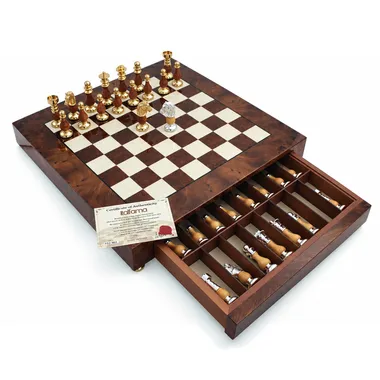 Luxury chess set with briar wood chess board and open piece drawer