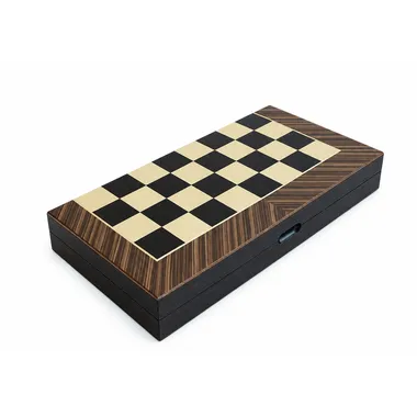 Closed foldable wooden case, inlaid chess board shown at an angle
