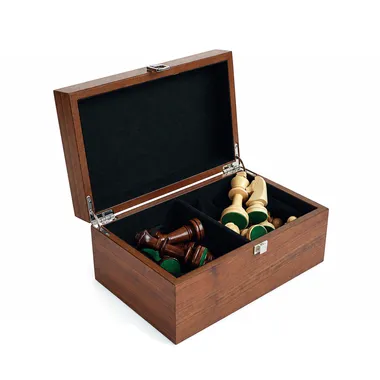 Open walnut wood storage box with chess pieces stored inside
