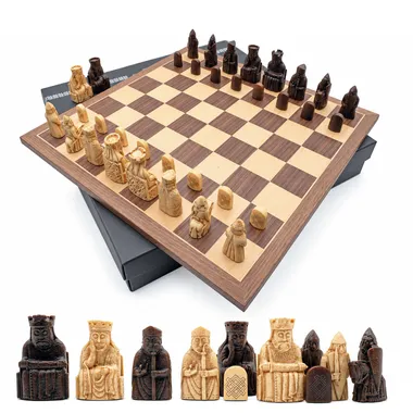 Complete Isle of Lewis chess set with board, box and detailed pieces