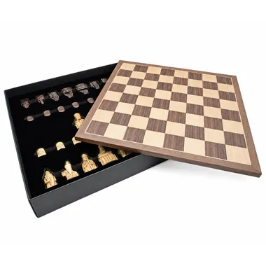 Open storage box with chess board and stored Isle of Lewis pieces