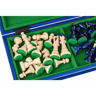 Blue and ivory Staunton pieces stored inside the storage box