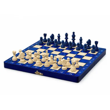 Magnetic wooden chess set in blue and ivory, folding board open