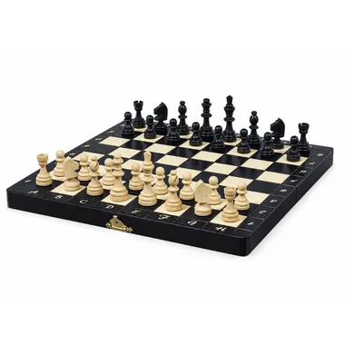 Magnetic wooden chess set in black, folding board open with pieces set up