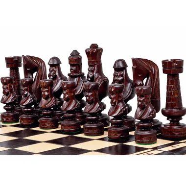 César II chess pieces, close-up of carved dark wood figures