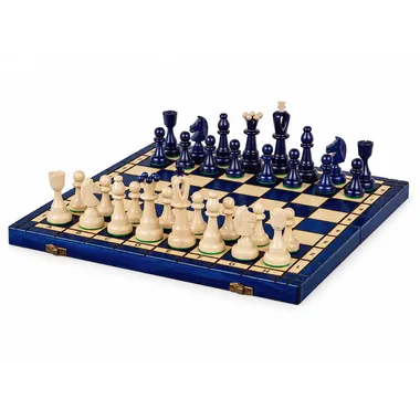 Blue and ivory wooden chess set on an open folding board