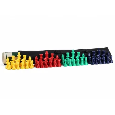Yellow, red, green and navy chess pieces lined up in front of a carrying bag