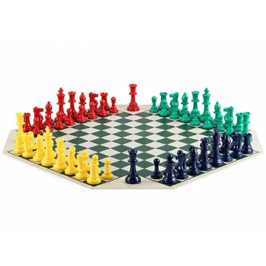 Four-player chess set with red, green, yellow and blue pieces on a hexagonal board