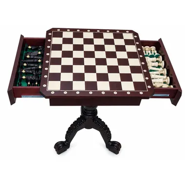 Chess table open, showing side drawers filled with chess pieces