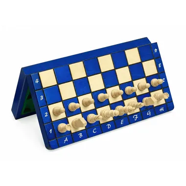 Folding chess board in blue and ivory, overhead view of numbered squares