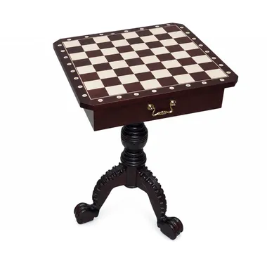 Chess table in mahogany and maple, carved central base and storage drawer