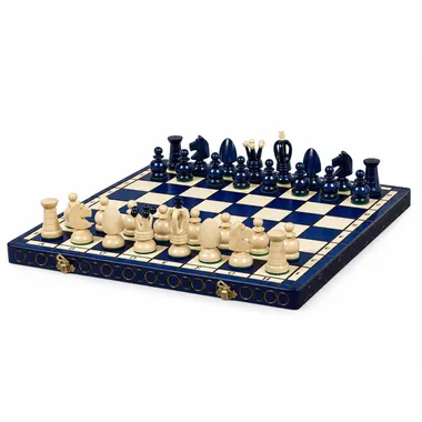 Folding blue wooden chess set, pieces set up on the board