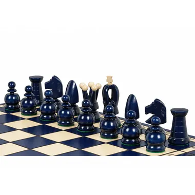 Close-up of the blue chess pieces lined up on the board