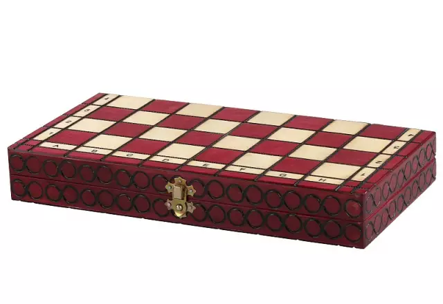 Échiquier Pliable en Bois Rouge et Ivoire avec Rangement - 35 x 35 cm