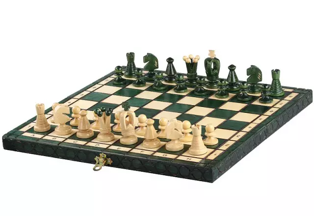 Jeu d’Echecs en Bois Vert et Ivoire Pliant et avec Rangement