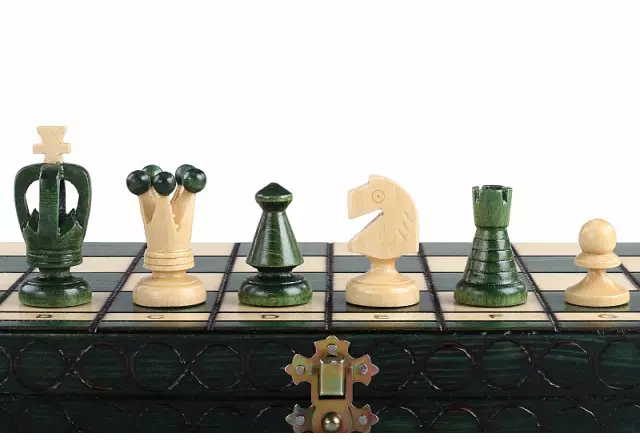 Jeu d’Echecs en Bois Vert et Ivoire Pliant et avec Rangement