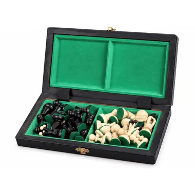 Open box showing black and ivory pieces stored in green felt compartments