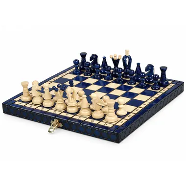 Blue and ivory wooden chess set, folding board seen from an angle