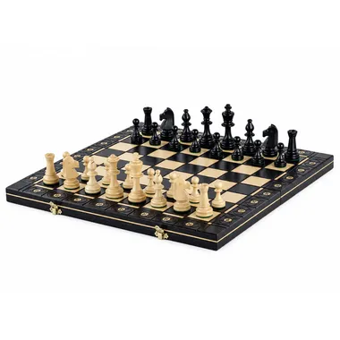 Black wooden chess set with folded board open and Staunton pieces