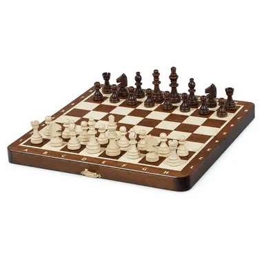 Foldable magnetic chess set open, wooden pieces arranged on the board