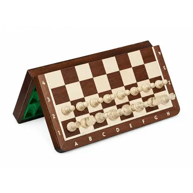 Foldable chess board side view showing green interior and lined-up pieces