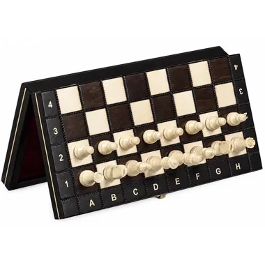 Travel chess board seen at an angle, lettered squares with white pieces lined up