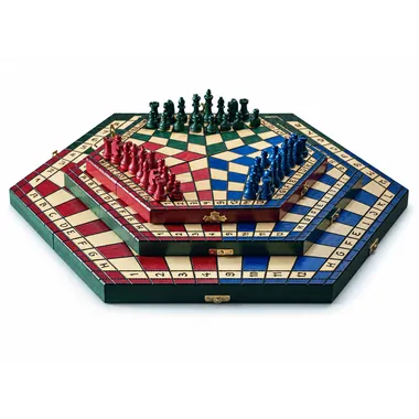Chess set for 3 players, folded tricolour hexagonal chess board