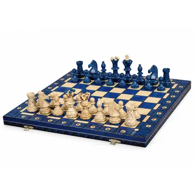 Blue and ivory wooden chess set on an unfolded chess board