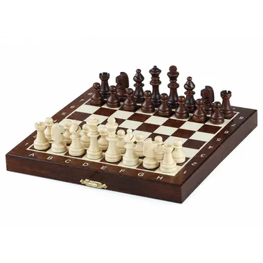 Mini magnetic wooden chess set, opened board with pieces set up